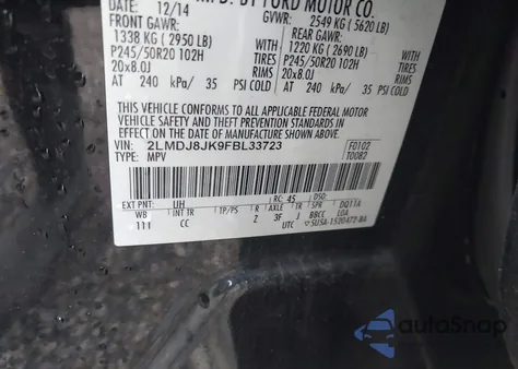 2015 Lincoln Mkx from USA, damaged, VIN 2LMDJ8JK9FBL33723